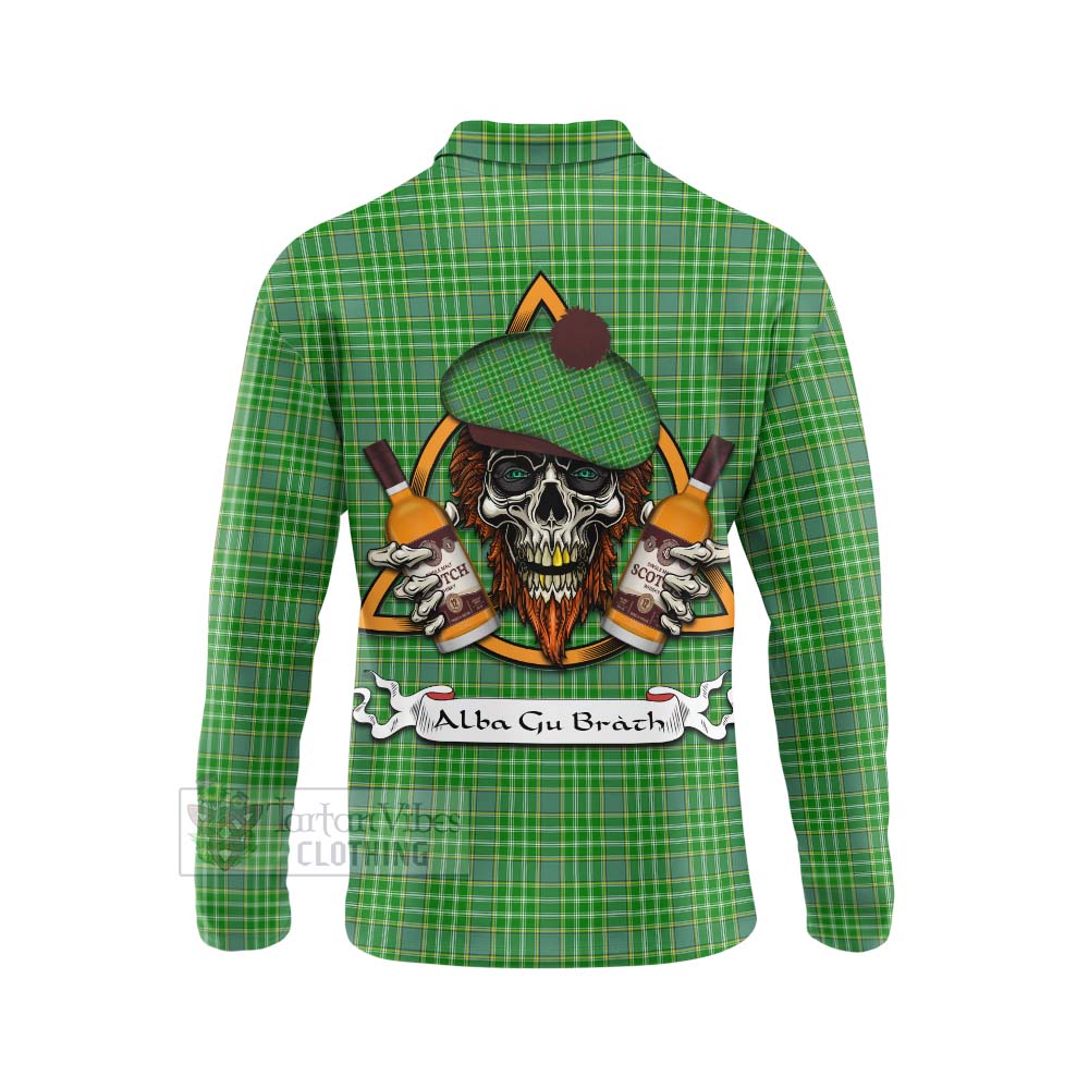 Tartan Vibes Clothing Currie Tartan Long Sleeve Polo Shirt with Family Crest and Bearded Skull Holding Bottles of Whiskey