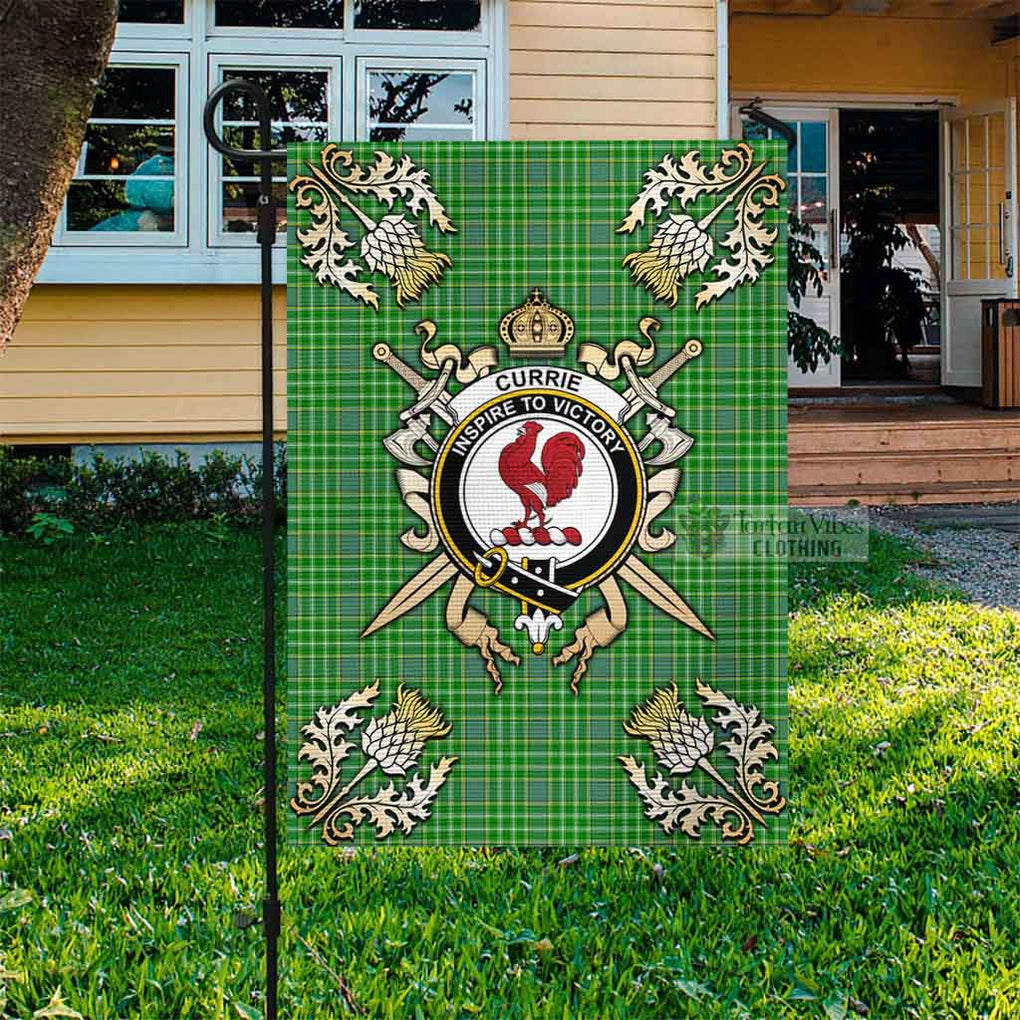 Tartan Vibes Clothing Currie Tartan Flag with Family Crest and Golden Thistle Crossed Sword Design