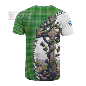 Currie Tartan Cotton T-shirt with Family Crest and St. Andrew's Cross Accented by Thistle Vines