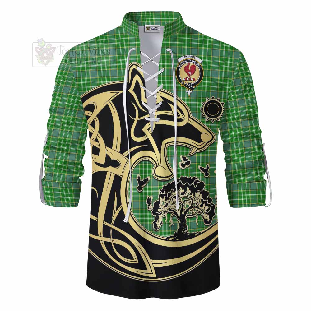 Tartan Vibes Clothing Currie Tartan Ghillie Kilt Shirt with Family Crest Celtic Wolf Style