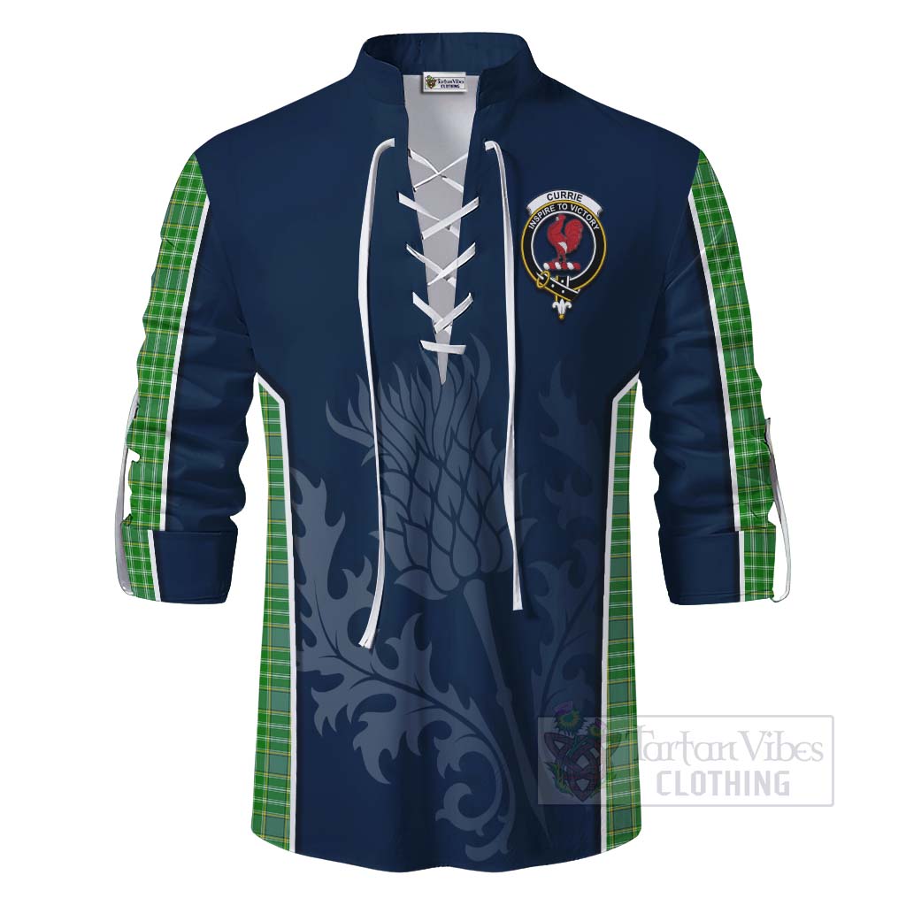 Tartan Vibes Clothing Currie Tartan Ghillie Kilt Shirt with Family Crest and Scottish Thistle Vibes Sport Style