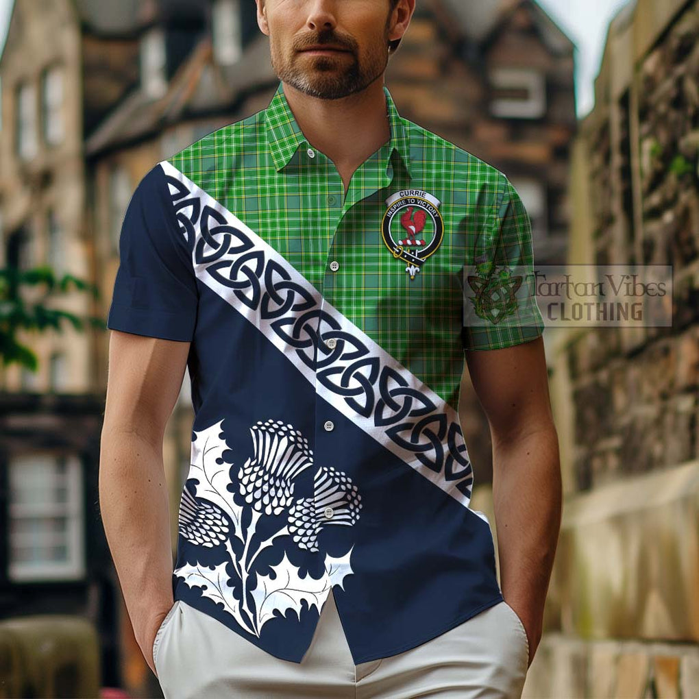 Tartan Vibes Clothing Currie Tartan Short Sleeve Button Shirt Featuring Thistle and Scotland Map