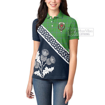 Currie Tartan Women's Polo Shirt Featuring Thistle and Scotland Map