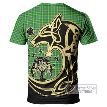 Currie Tartan T-Shirt with Family Crest Celtic Wolf Style