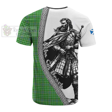 Currie Tartan Clan Crest Cotton T-shirt with Highlander Warrior Celtic Style