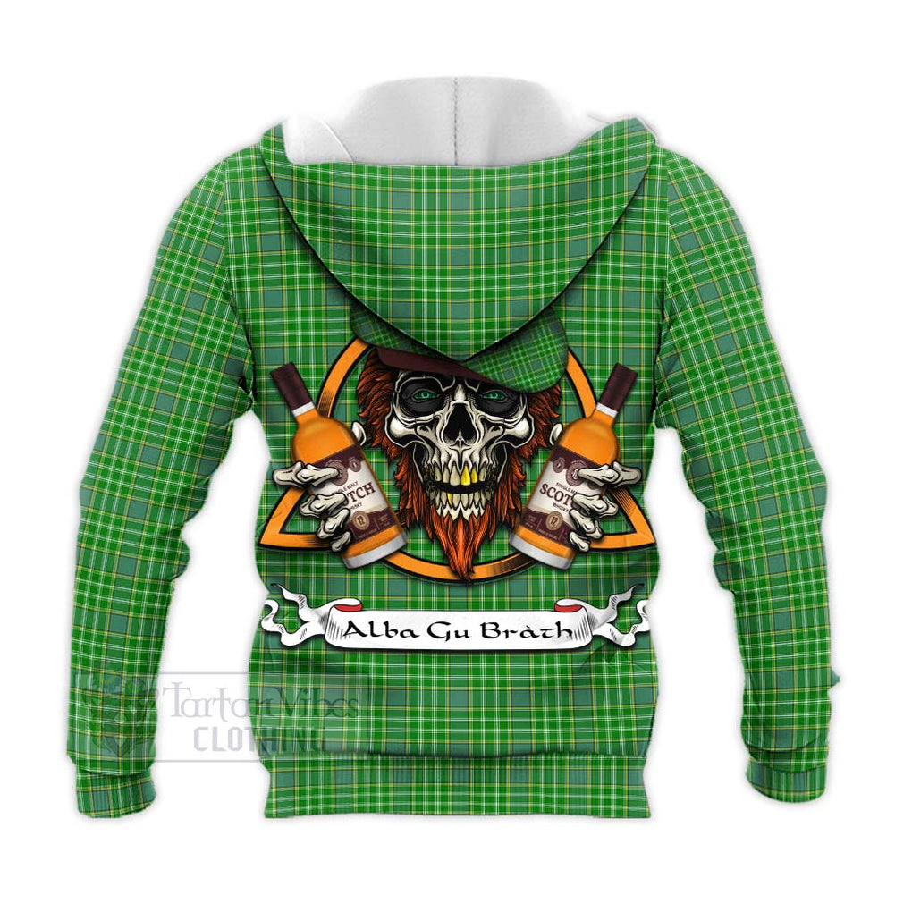 Tartan Vibes Clothing Currie Tartan Knitted Hoodie with Family Crest and Bearded Skull Holding Bottles of Whiskey