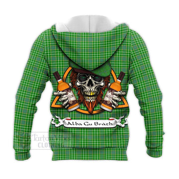 Currie Tartan Knitted Hoodie with Family Crest and Bearded Skull Holding Bottles of Whiskey