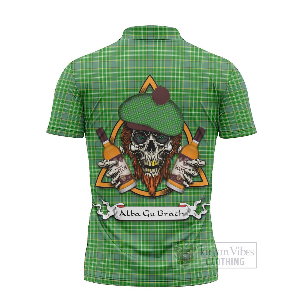 Tartan Vibes Clothing Currie Tartan Zipper Polo Shirt with Family Crest and Bearded Skull Holding Bottles of Whiskey