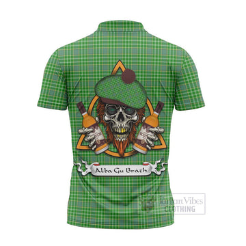 Currie Tartan Zipper Polo Shirt with Family Crest and Bearded Skull Holding Bottles of Whiskey