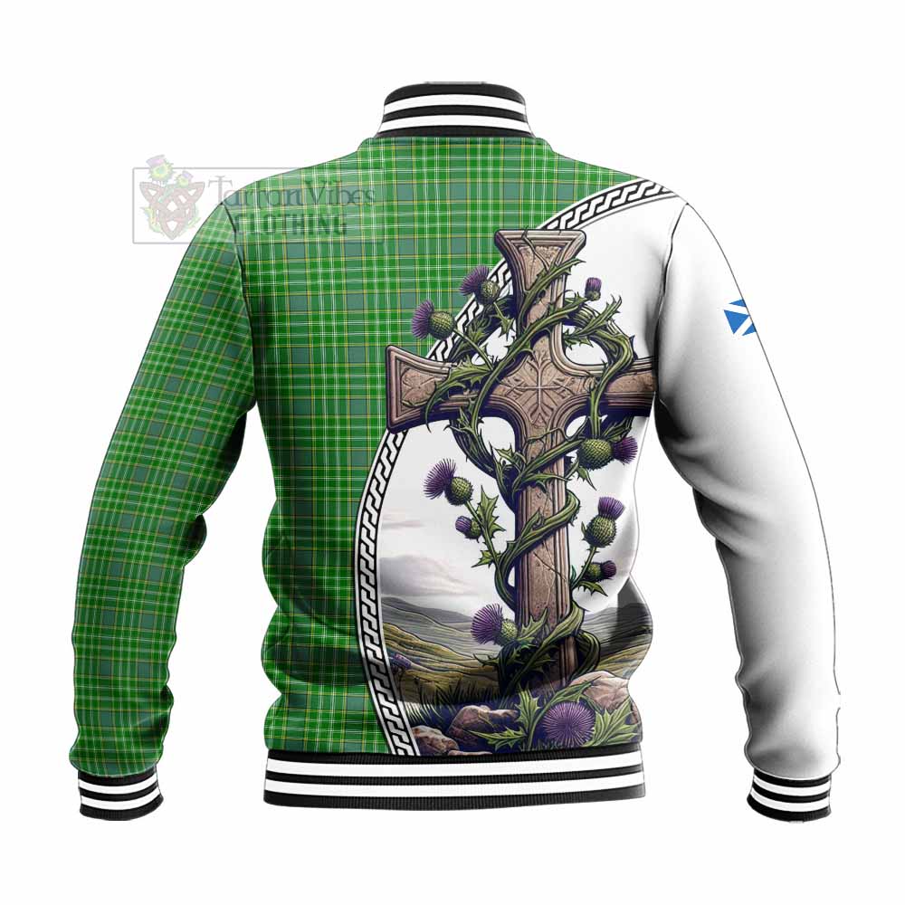 Tartan Vibes Clothing Currie Tartan Baseball Jacket with Family Crest and St. Andrew's Cross Accented by Thistle Vines