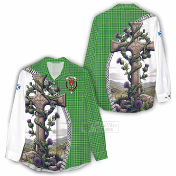 Currie Tartan Women's Casual Shirt with Family Crest and St. Andrew's Cross Accented by Thistle Vines