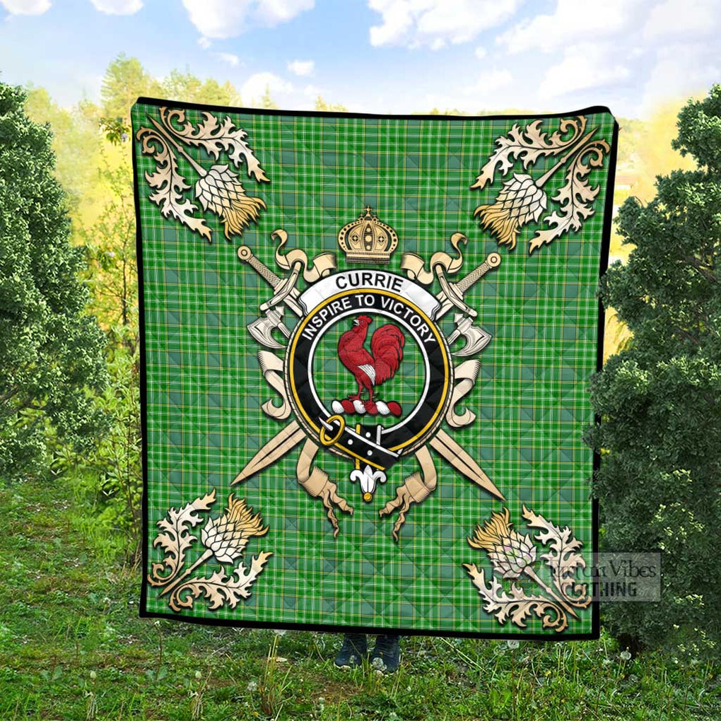 Tartan Vibes Clothing Currie Tartan Quilt with Family Crest and Scottish Golden Courage Shield