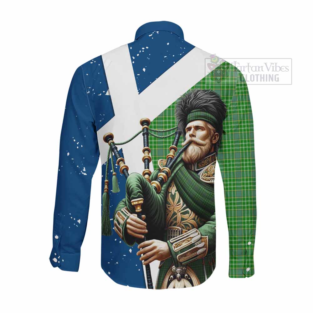 Tartan Vibes Clothing Currie Tartan Long Sleeve Button Shirt with Family Crest Scottish Bagpiper Vibes