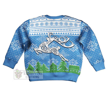 Currie Clan Christmas Kid Ugly Sweater with Tartan and Celtic Reindeer Style