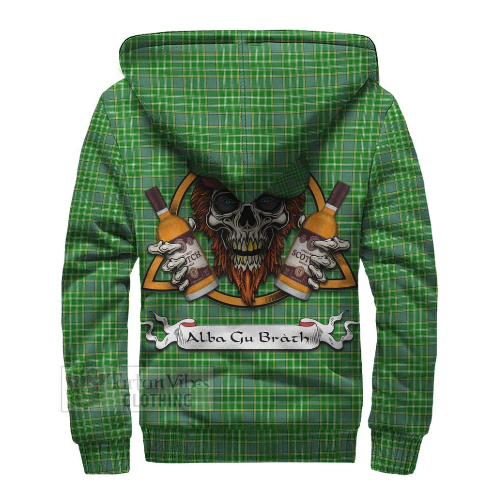 Tartan Vibes Clothing Currie Tartan Sherpa Hoodie with Family Crest and Bearded Skull Holding Bottles of Whiskey