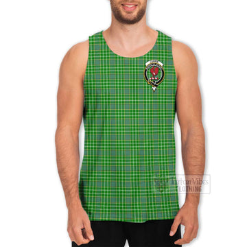 Currie Tartan Men's Tank Top with Family Crest and Bearded Skull Holding Bottles of Whiskey