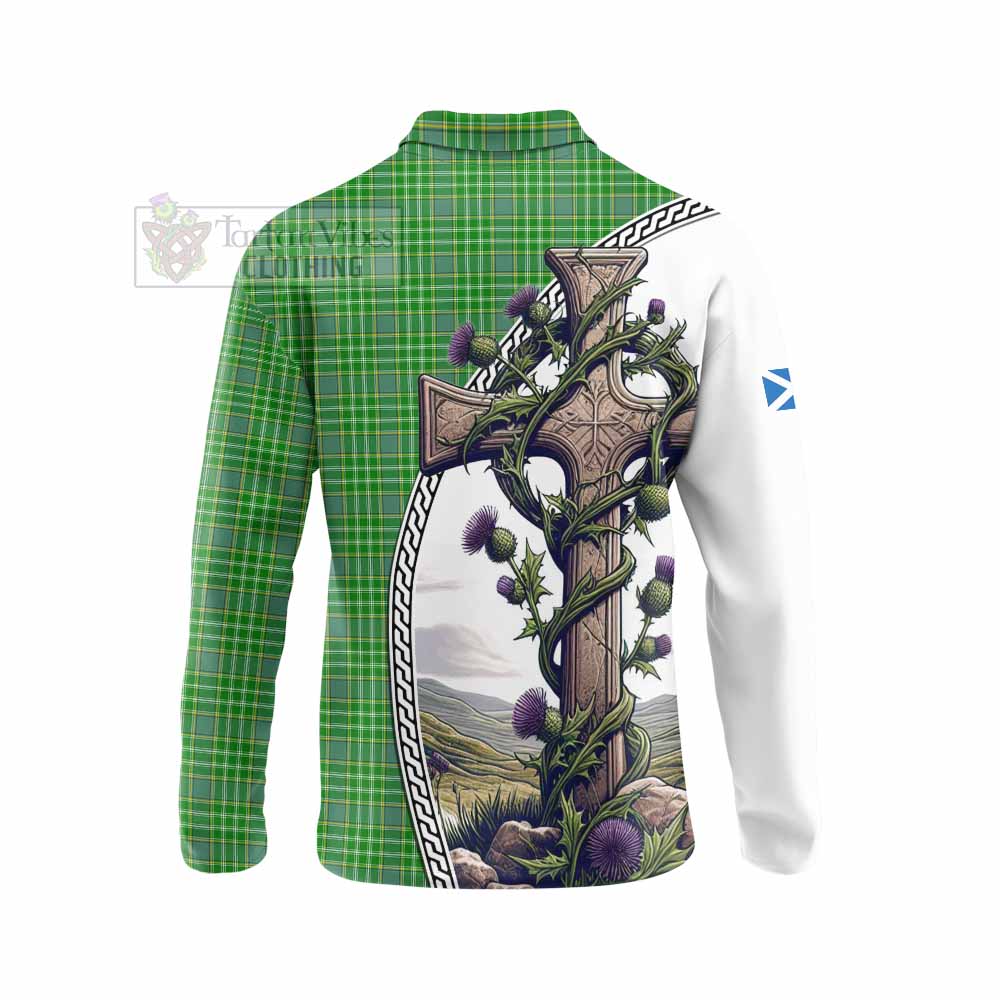 Tartan Vibes Clothing Currie Tartan Long Sleeve Polo Shirt with Family Crest and St. Andrew's Cross Accented by Thistle Vines