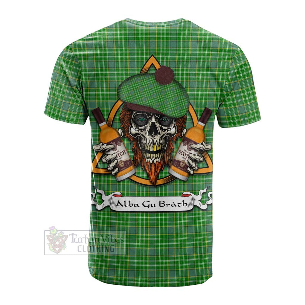 Tartan Vibes Clothing Currie Tartan Cotton T-shirt with Family Crest and Bearded Skull Holding Bottles of Whiskey