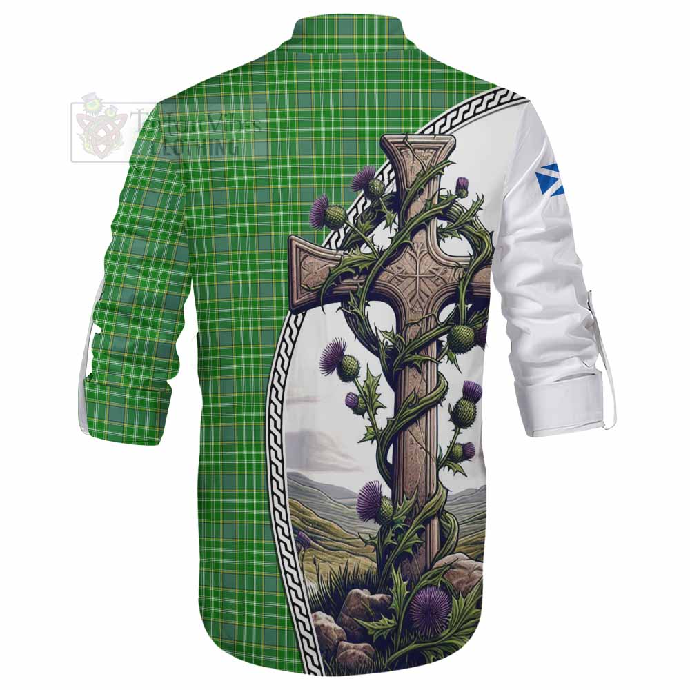 Tartan Vibes Clothing Currie Tartan Ghillie Kilt Shirt with Family Crest and St. Andrew's Cross Accented by Thistle Vines