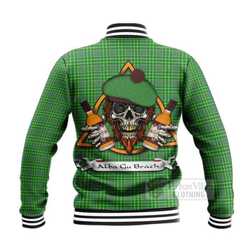 Currie Tartan Baseball Jacket with Family Crest and Bearded Skull Holding Bottles of Whiskey