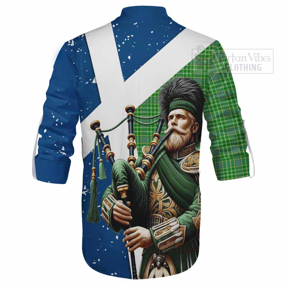 Tartan Vibes Clothing Currie Tartan Ghillie Kilt Shirt with Family Crest Scottish Bagpiper Vibes