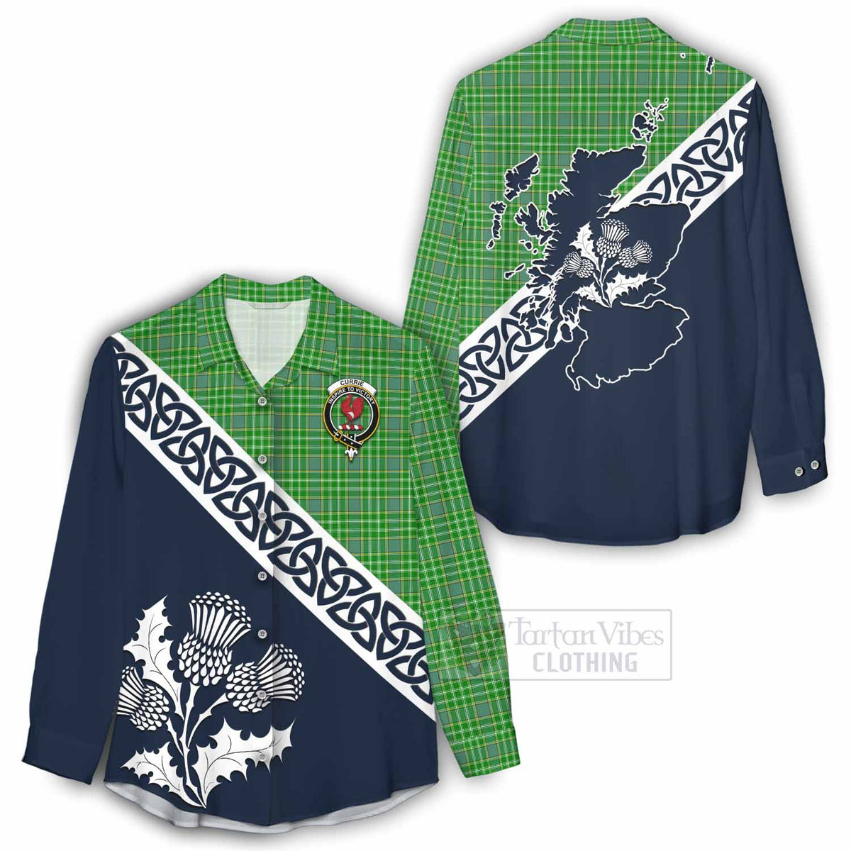 Currie Tartan Women's Casual Shirt Featuring Thistle and Scotland Map - Tartan Vibes Clothing