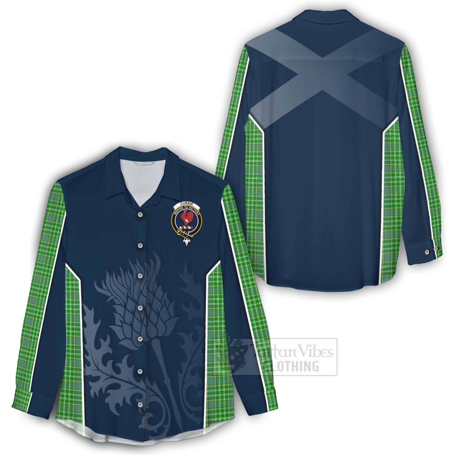 Tartan Vibes Clothing Currie Tartan Women's Casual Shirt with Family Crest and Scottish Thistle Vibes Sport Style