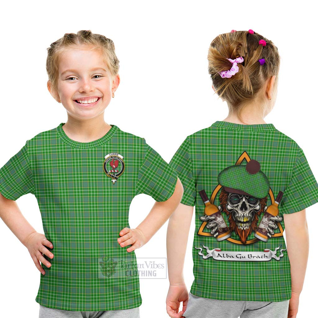 Tartan Vibes Clothing Currie Tartan Kid T-Shirt with Family Crest and Bearded Skull Holding Bottles of Whiskey