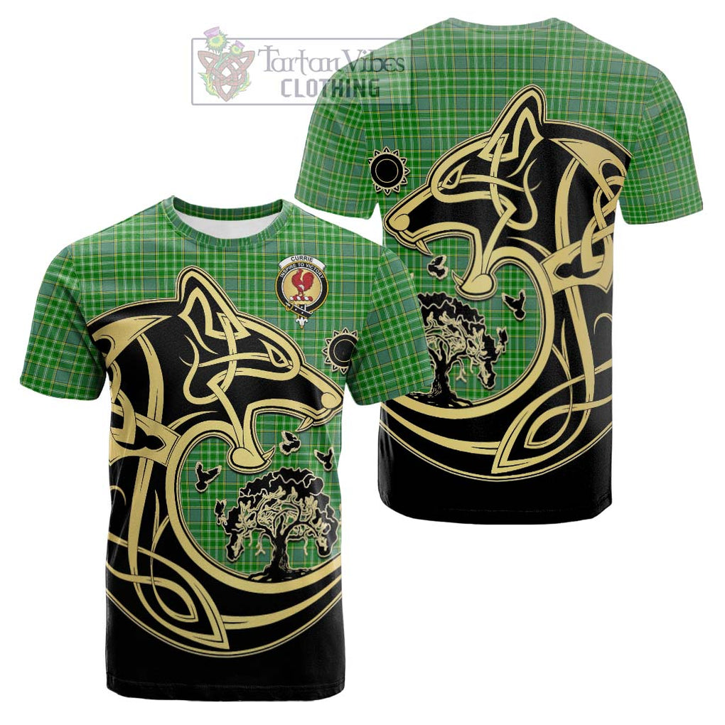 Tartan Vibes Clothing Currie Tartan Cotton T-shirt with Family Crest Celtic Wolf Style