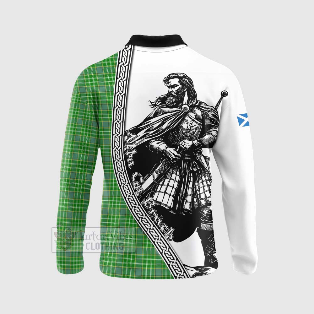 Tartan Vibes Clothing Currie Tartan Clan Crest Long Sleeve Polo Shirt with Highlander Warrior Celtic Style