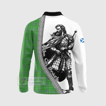 Currie Tartan Clan Crest Long Sleeve Polo Shirt with Highlander Warrior Celtic Style