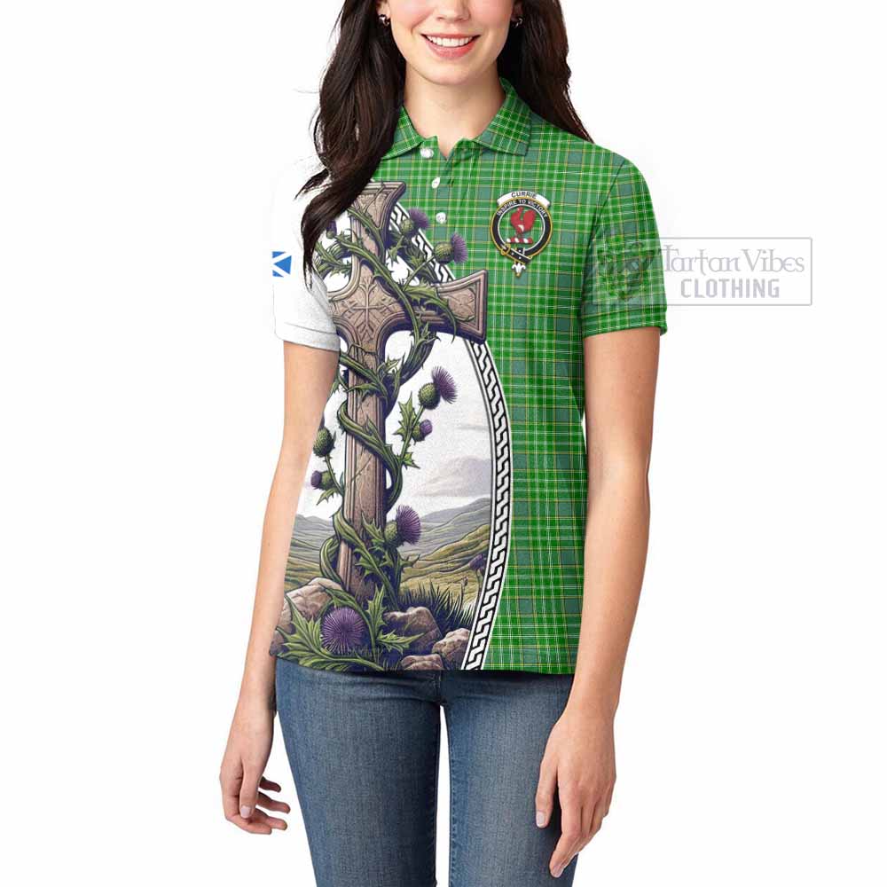 Tartan Vibes Clothing Currie Tartan Women's Polo Shirt with Family Crest and St. Andrew's Cross Accented by Thistle Vines