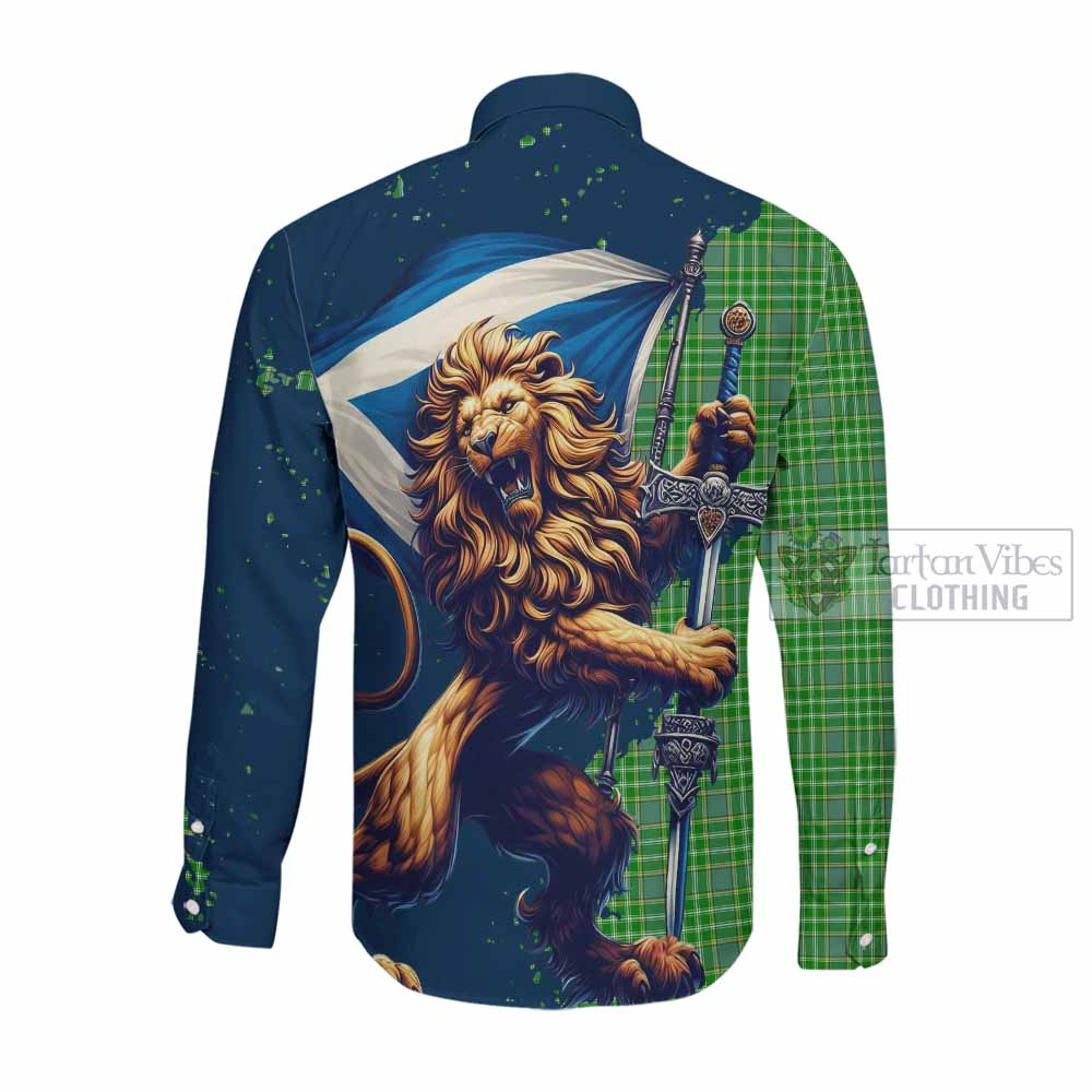 Tartan Vibes Clothing Currie Tartan Family Crest Long Sleeve Button Shirt with Scottish Majestic Lion