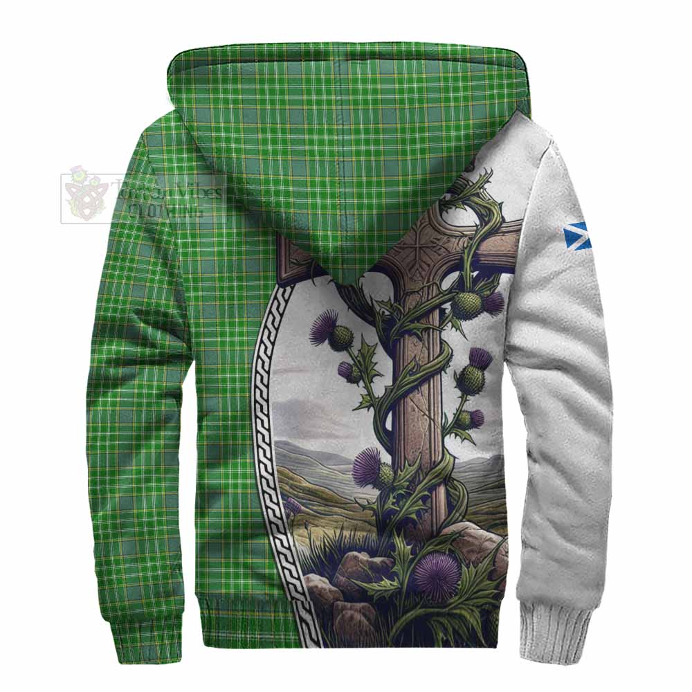 Tartan Vibes Clothing Currie Tartan Sherpa Hoodie with Family Crest and St. Andrew's Cross Accented by Thistle Vines