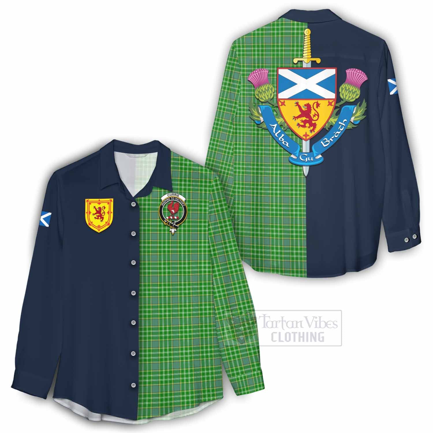 Tartan Vibes Clothing Currie Tartan Women's Casual Shirt Alba with Scottish Lion Royal Arm Half Style