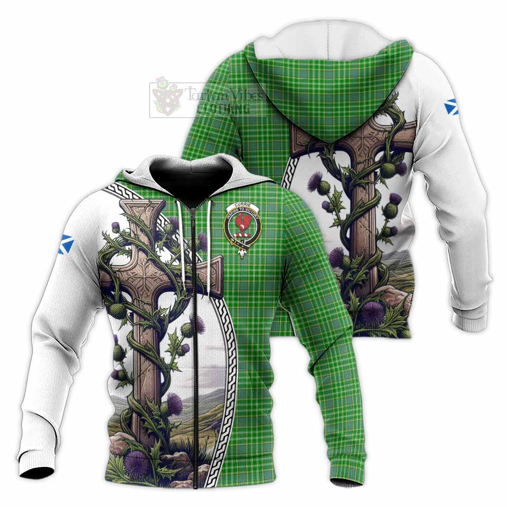 Tartan Vibes Clothing Currie Tartan Knitted Hoodie with Family Crest and St. Andrew's Cross Accented by Thistle Vines