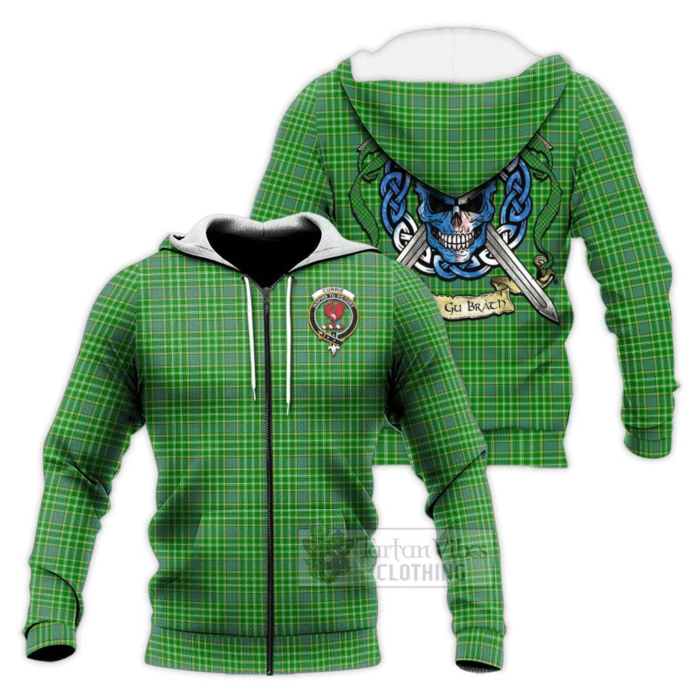 Tartan Vibes Clothing Currie Tartan Knitted Hoodie with Family Crest Celtic Skull Style