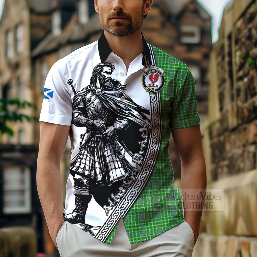 Tartan Vibes Clothing Currie Tartan Clan Crest Short Sleeve Button Shirt with Highlander Warrior Celtic Style