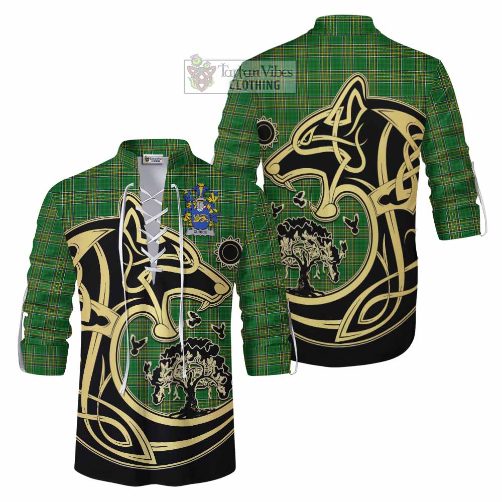 Tartan Vibes Clothing Currie Irish Tartan Ghillie Kilt Shirt with Coat of Arms Celtic Wolf Style