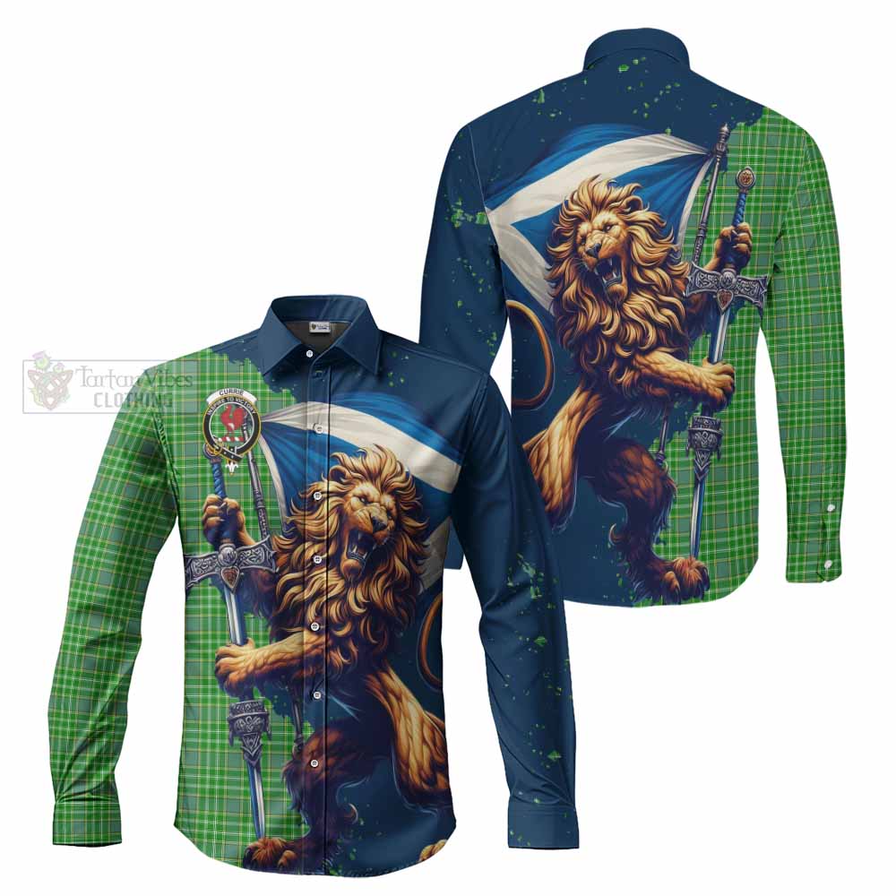 Tartan Vibes Clothing Currie Tartan Family Crest Long Sleeve Button Shirt with Scottish Majestic Lion