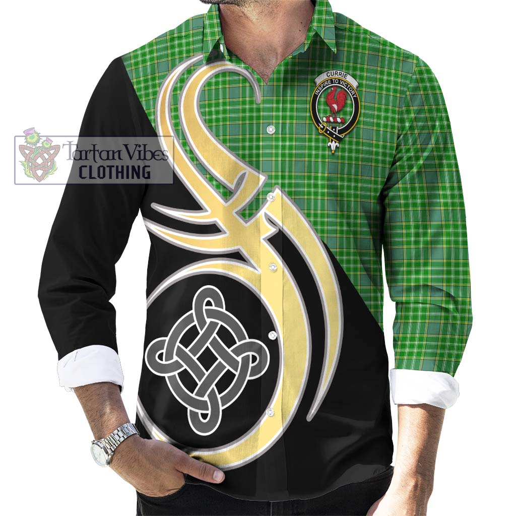 Currie Tartan Long Sleeve Button Shirt with Family Crest and Celtic Symbol Style - Tartan Vibes Clothing