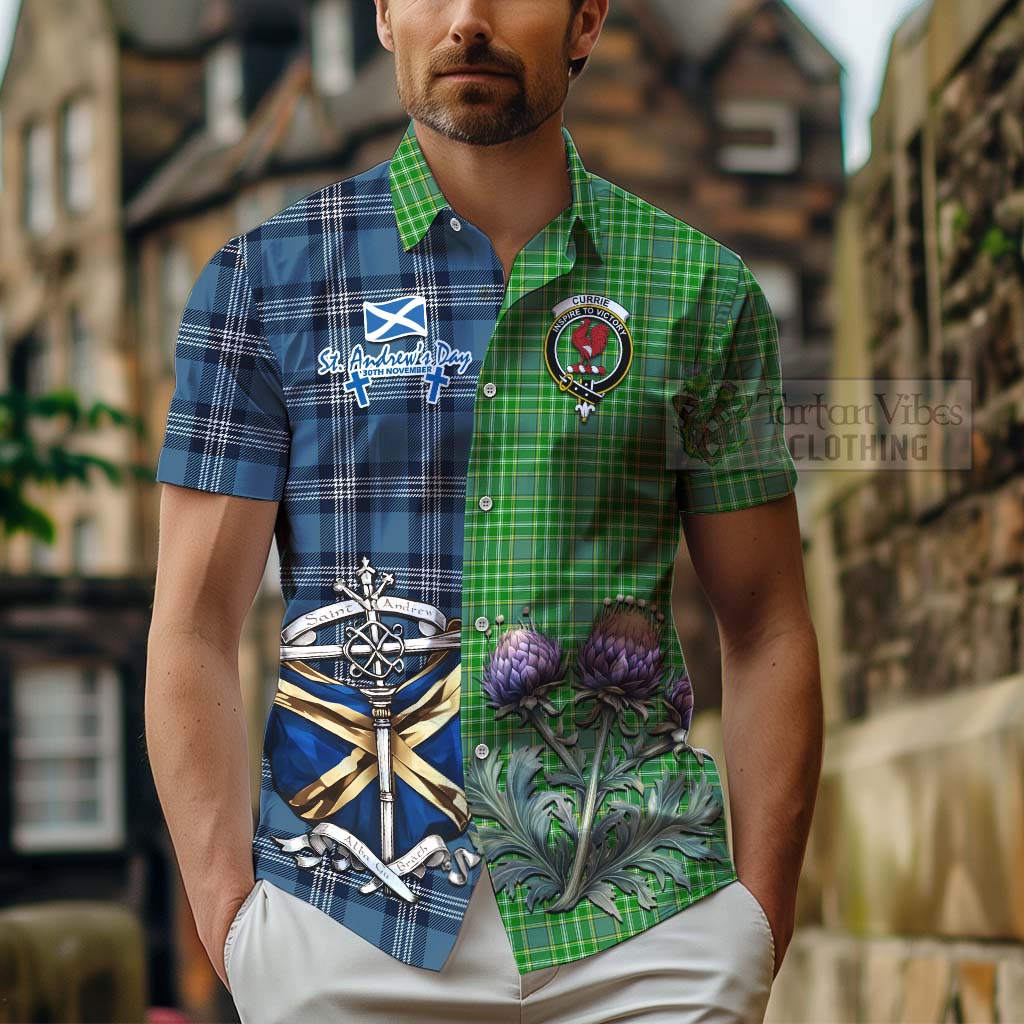 Tartan Vibes Clothing Currie Tartan Short Sleeve Button Shirt Happy St. Andrew's Day Half Tartan Style