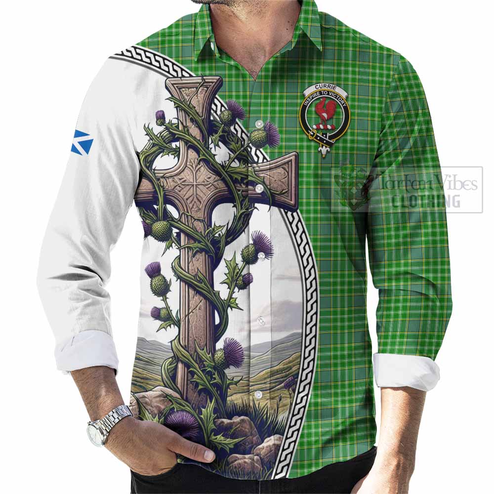 Tartan Vibes Clothing Currie Tartan Long Sleeve Button Shirt with Family Crest and St. Andrew's Cross Accented by Thistle Vines