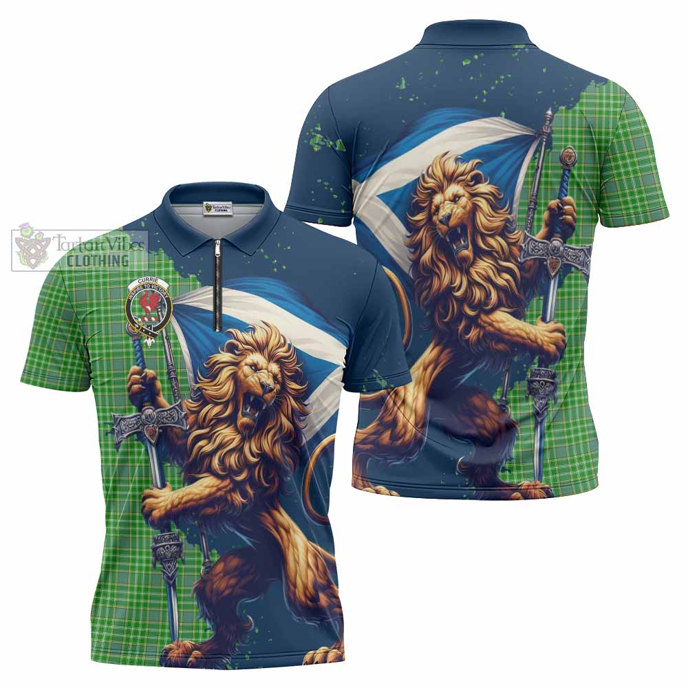 Tartan Vibes Clothing Currie Tartan Family Crest Zipper Polo Shirt with Scottish Majestic Lion