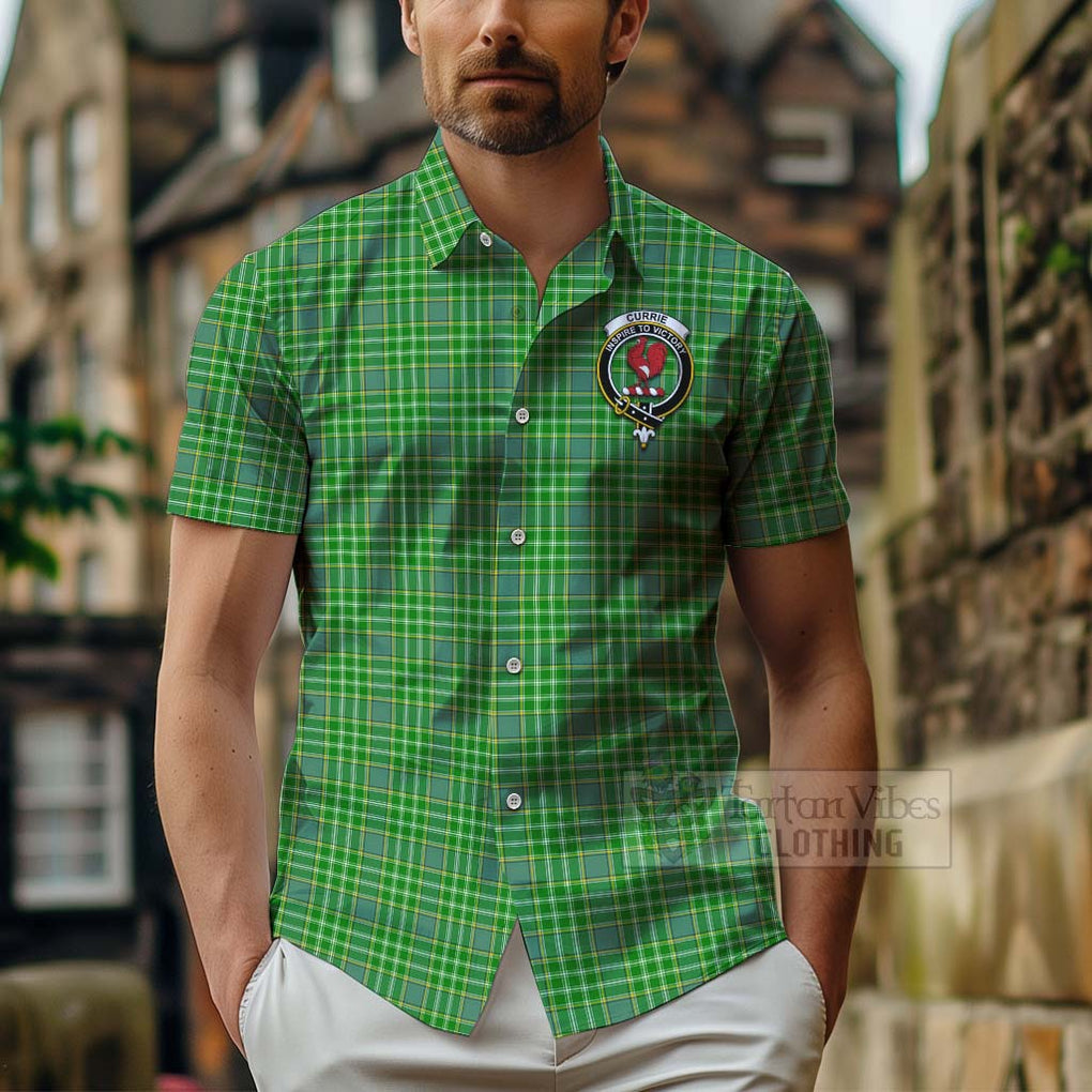 Tartan Vibes Clothing Currie Tartan Short Sleeve Button Shirt with Family Crest and Bearded Skull Holding Bottles of Whiskey