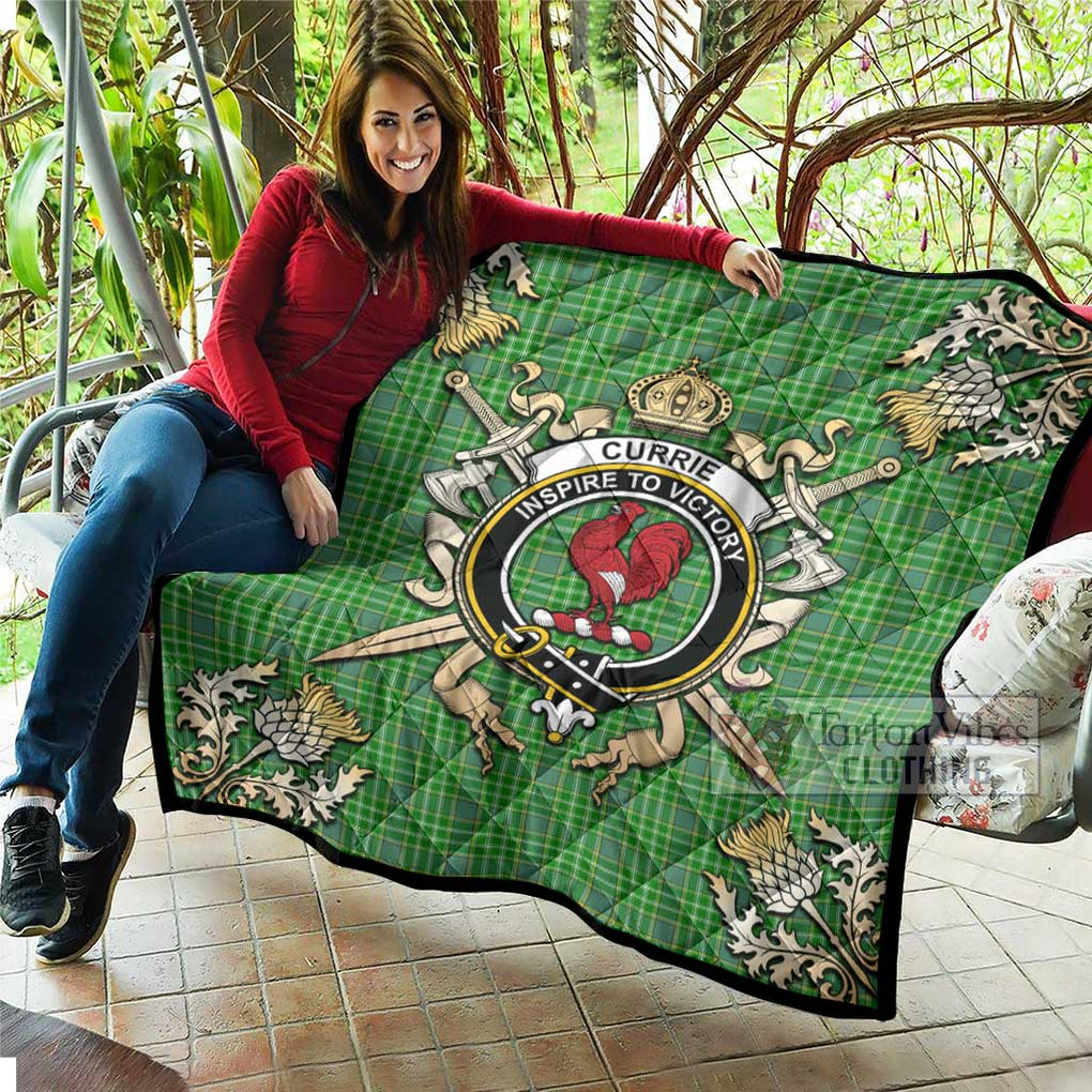 Tartan Vibes Clothing Currie Tartan Quilt with Family Crest and Scottish Golden Courage Shield