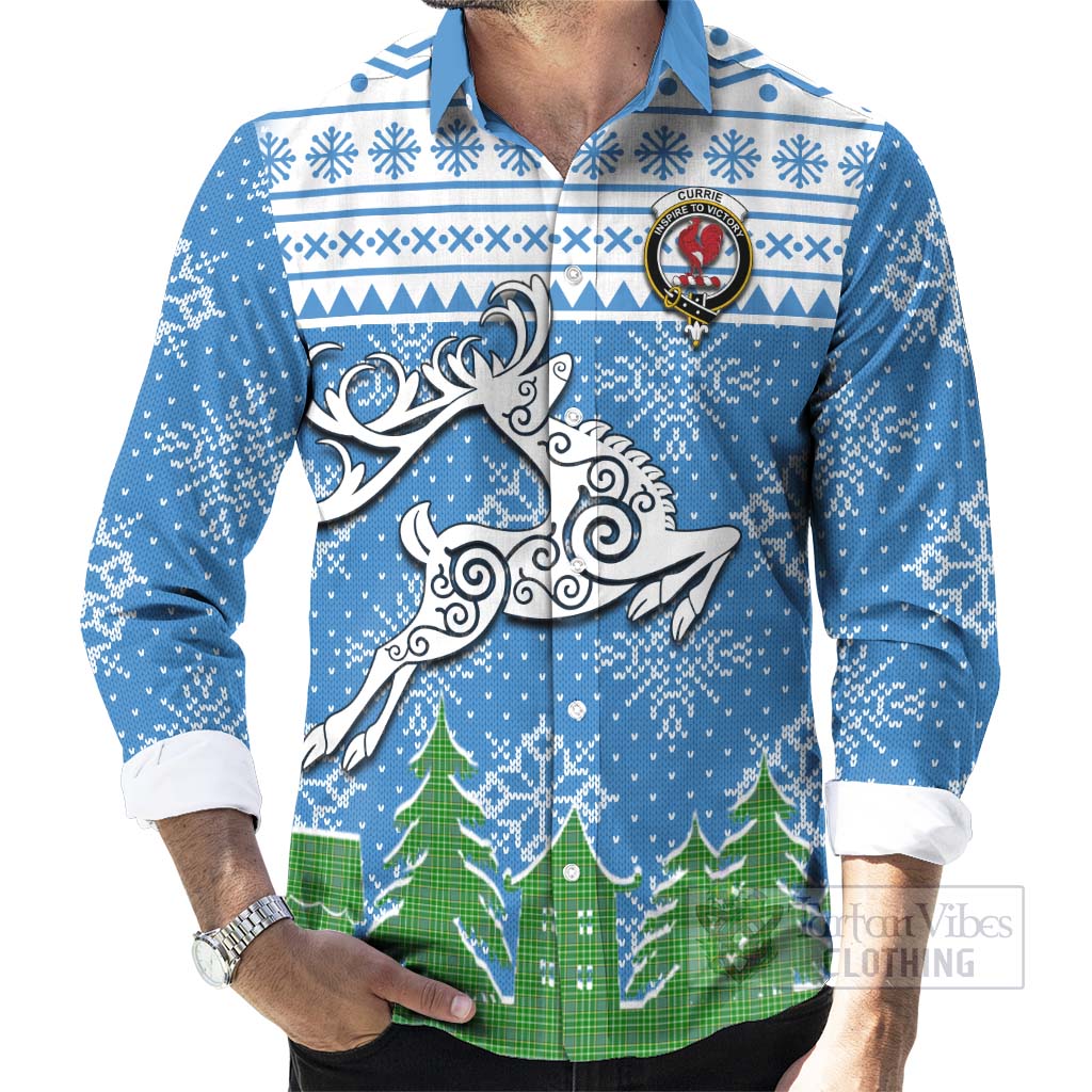 Tartan Vibes Clothing Currie Clan Christmas Long Sleeve Button Shirt Celtic Reindeer Style