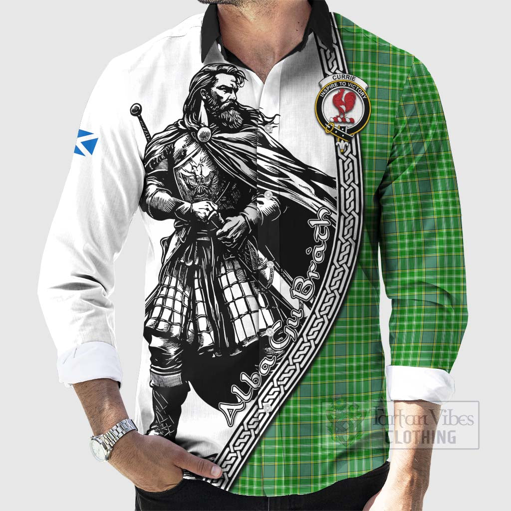 Tartan Vibes Clothing Currie Tartan Clan Crest Long Sleeve Button Shirt with Highlander Warrior Celtic Style