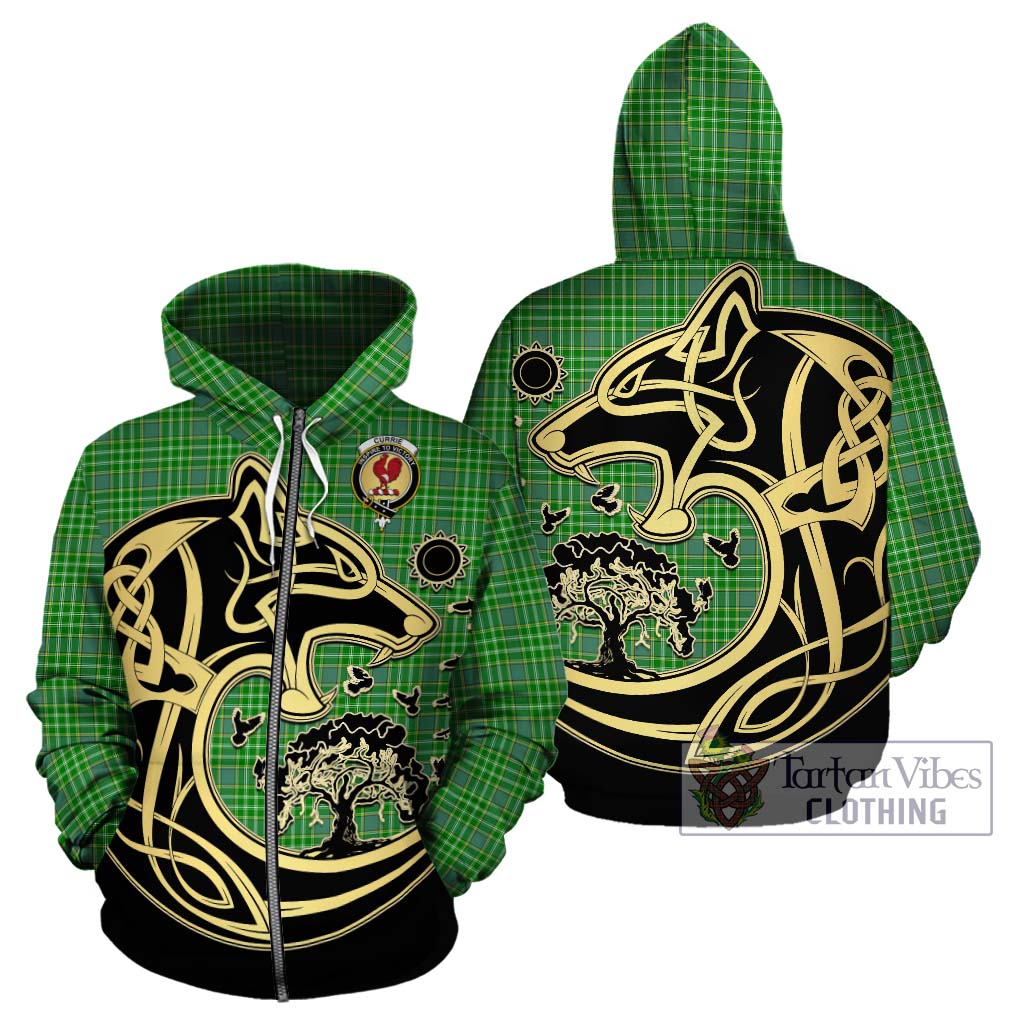 Tartan Vibes Clothing Currie Tartan Hoodie with Family Crest Celtic Wolf Style