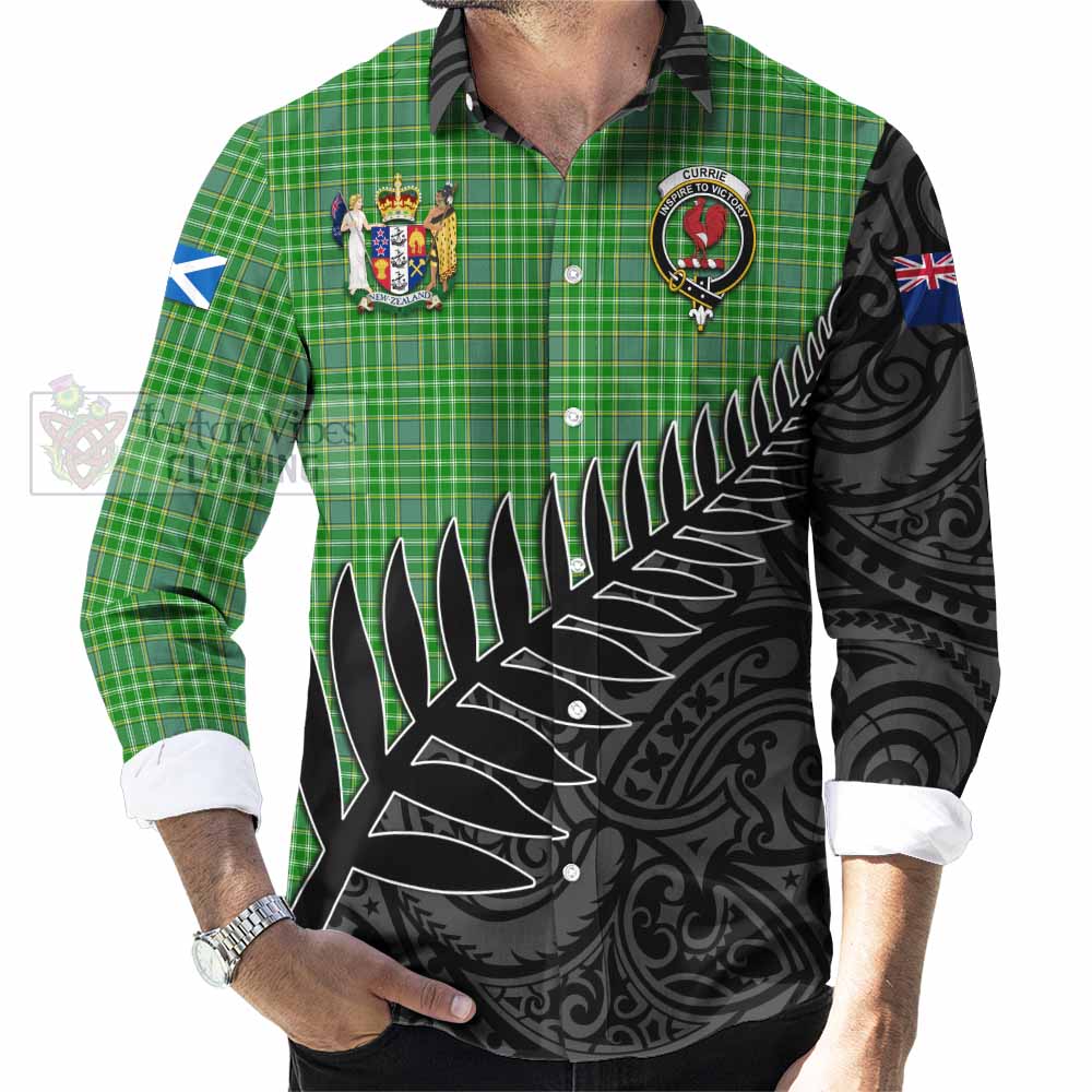 Tartan Vibes Clothing Currie Crest Tartan Long Sleeve Button Shirt with New Zealand Silver Fern Half Style